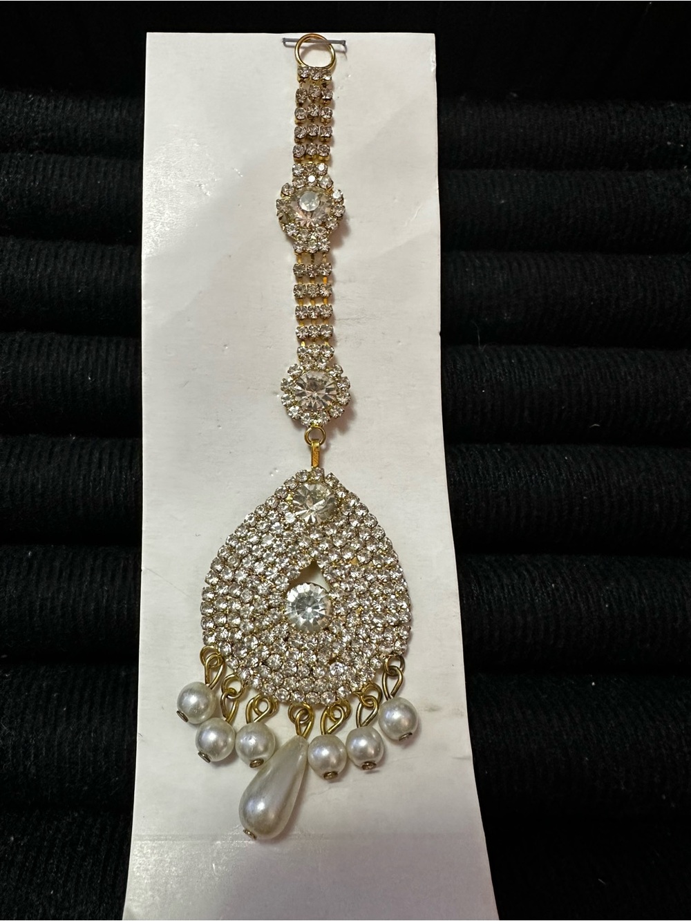 Gold and Clear Crystal Teardrop Maang Tikka with Pearl Drops